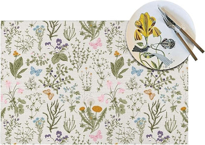 Vintage Wildflowers Placemats Set of 4, Herbs Plants Dining Table Mats, Washable Cute Botanic Spring Summer Sage Green Place Mats for Kitchen Dinner Parties Decor12 x18