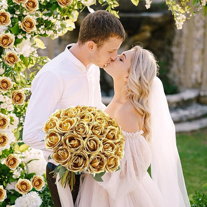30 Pcs Rose Artificial Flowers in Bulk Real Touch Long Stem Silk Roses Bouquets Realistic Faux Flowers for Wedding Bridal Shower Home Decor Floral Arrangements Table Centerpiece(Gold)