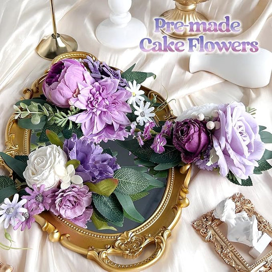 Pre-Made Silk Flowers for Cakes Decorations Light Lavender Dusty Purple Artificial Rose Peony Wedding Cake Toppers Decorating Fake Floral Anniversary Birthday Party Arrangements Table