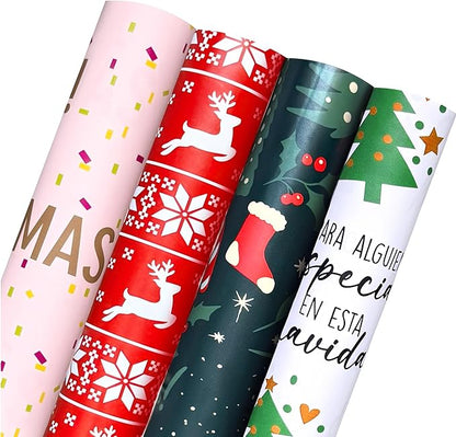 4 Rolls Christmas Wrapping Paper Rolls, 17 Inch x 16.5 Feet per Roll, Totaling 94 sq. ft. – Reindeer, Tree, Snowflake & Pink Letter Designs, Eco-Friendly & Durable Gift Wrap for Christmas Presents and Holiday Decorations