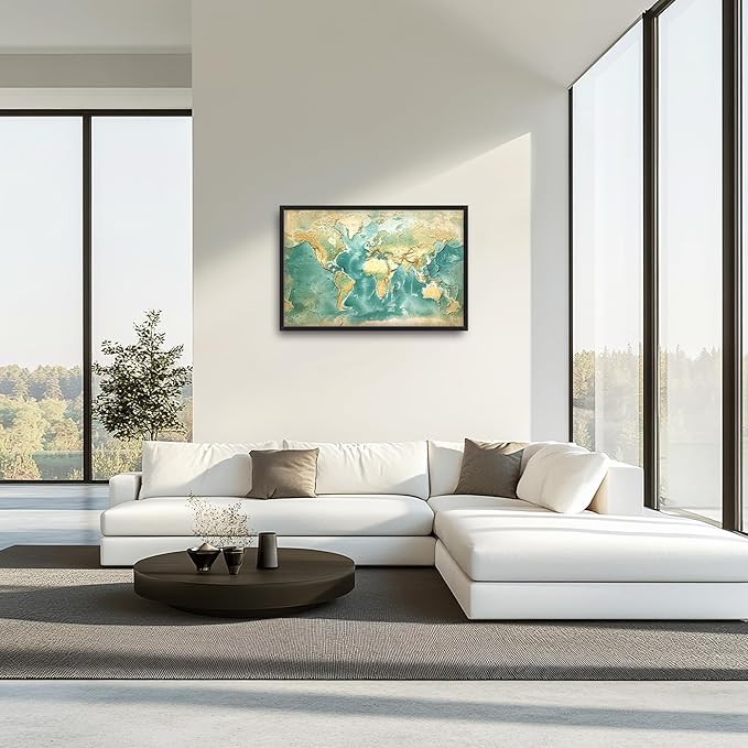 World Map Large Wall Art Framed Wall Decor for Living Room, Map Pictures Oversized Canvas Print Painting Modern Extra Large Framed Artwork for Bedroom Office Home Decor 36"x24"