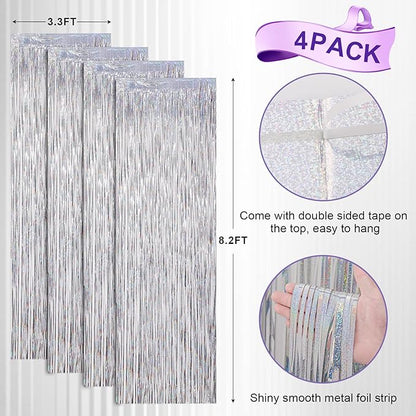 4 Pack Laser Silver Foil Fringe Backdrop Curtains, Tinsel Streamers Birthday Party Decorations, Fringe Backdrop for Graduation, Baby Shower, Gender Reveal, Disco Party