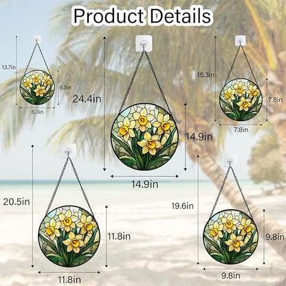 Stained Glass Window Hanging, Daffodil Plant Flowers Sun Catchers Diamond Glass Panel Hangings Suncatcher Decor for Birthday for Women, Men, Wife, Aunt, and Mom 11.8x11.8 in