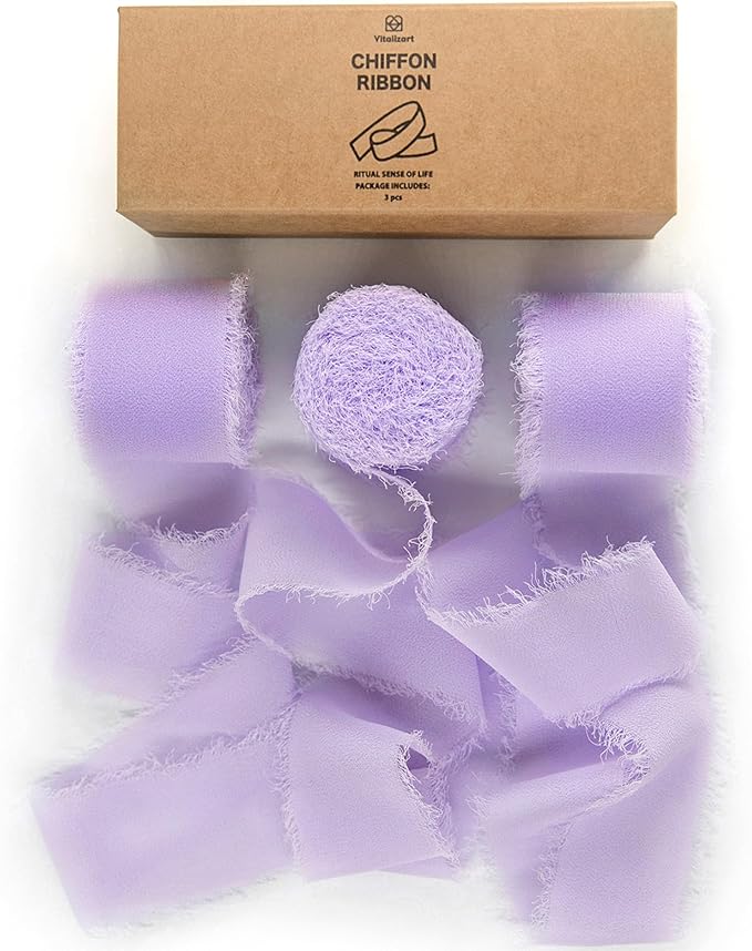 Vitalizart Lavender Purple Handmade Chiffon Silk Ribbon Fringe 3 Rolls 1.5" x 21 Yd Lilac Frayed Edges Ribbons for Wedding Invitations Bridal Bouquets Gifts Wrapping Crafts Holiday Decor