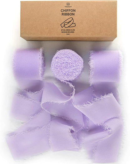 Vitalizart Lavender Purple Handmade Chiffon Silk Ribbon Fringe 3 Rolls 1.5" x 21 Yd Lilac Frayed Edges Ribbons for Wedding Invitations Bridal Bouquets Gifts Wrapping Crafts Holiday Decor