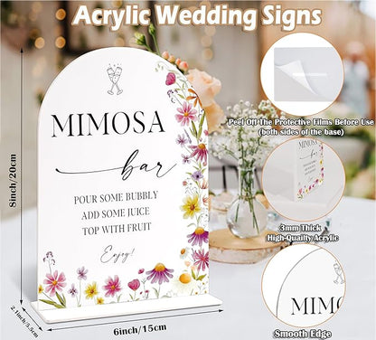 Mimosa Bar Sign for Wedding Table Decor, Wild Flower Arch Acrylic Wedding Signs for Reception, Floral Bridal Shower Engagement Party Decorations for Baby In Bloom Baby Shower