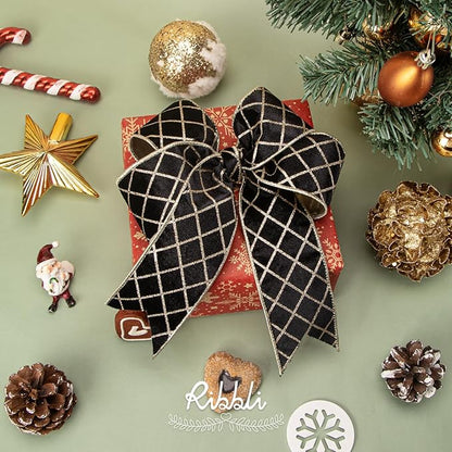 Ribbli Black Velvet Ribbon Wired with Glitter Diamond Grid 2-1/2 Inch Christmas Ribbon for Christmas Tree Decoration Big Bow Gift Wrapping Crafts Wreaths Garland Supplies - 10 Yards