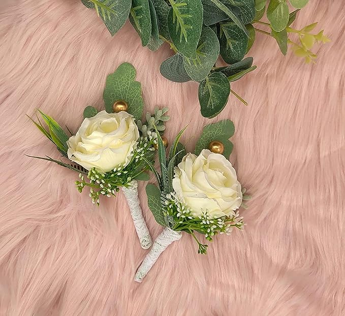 2Pcs Roses Boutonniere for Men Wedding, Groom Groomsman Artificial White Rose Flowers with pins for Wedding Anniversary Celebration,Prom,Party,Home Decoration Artificial Flowers