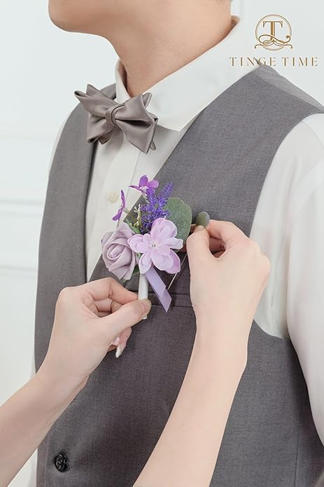 TINGE TIME Lavender Boutonniere for Men Wedding, Set of 2, Groom Groomsmen Boutineers Decor for Ceremony Anniversary, Formal Dinner Homecoming and Rustic Vintage Wedding
