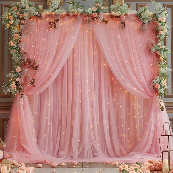 30ft x 10ft Dusty Rose Backdrop Curtain with Lights String for Parties, Sheer Tulle Wedding Photo Backdrops Drapes for Baby Shower Birthday Party Decorations Background for Photography