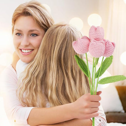 YoungJoy 12 Pcs Crochet Rose Handmade Knitted Flowers Tulip Sunflower Daisy Heart Artificial Knitted Floral Mother Day Graduation Home Decor(Cute Pink Tulip)