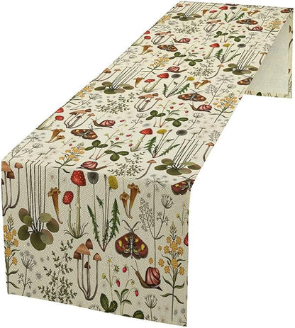 Vintage Mushroom Table Runner Rustic Farmhouse Wildflower Botanical Herbs Table Runner Boho Nature Plants Spring Summer Seasonal Dinner Runner for Home Kitchen Holiday Party Decor 13x90in