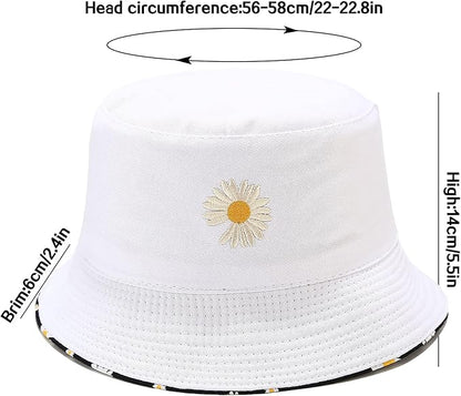 Flower Reversible Bucket Hat Cotton Summer Travel Beach Sun Hats Emboridery for Women Men