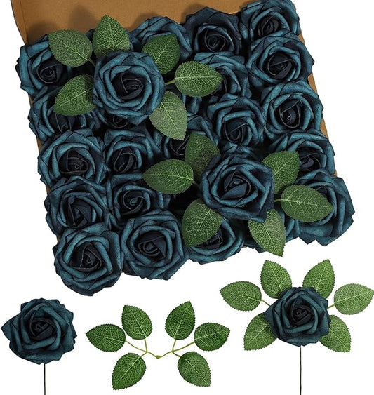 DuHouse 25Pcs Artificial Roses Flowers Fake Rose with Stems Real Touch Foam Flowers for DIY Wedding Bouquet Baby Shower Centerpiece Floral Arrangement Party Home Decor(Peacock Blue)