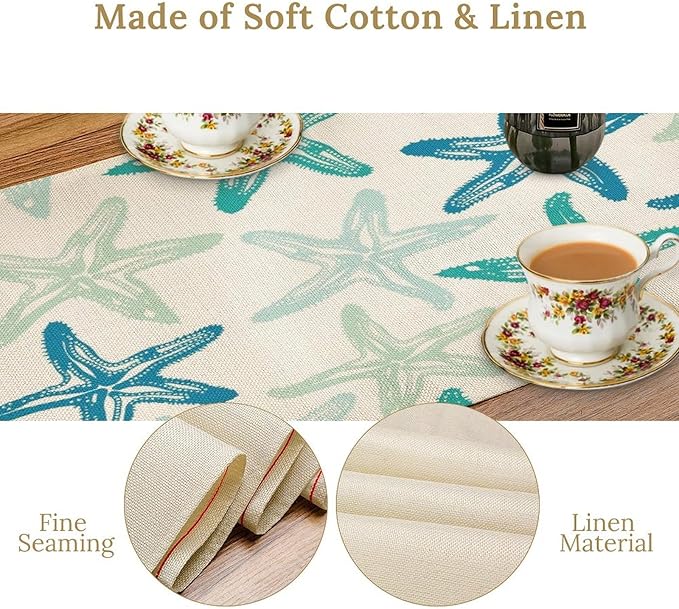 Starfish Plaid Table Flag Green Plaid and Marine Life Starfish Kitchen Table Flag Suitable for Birthday Party Restaurant Decoration Outdoor Picnic 13 * 108 Inch