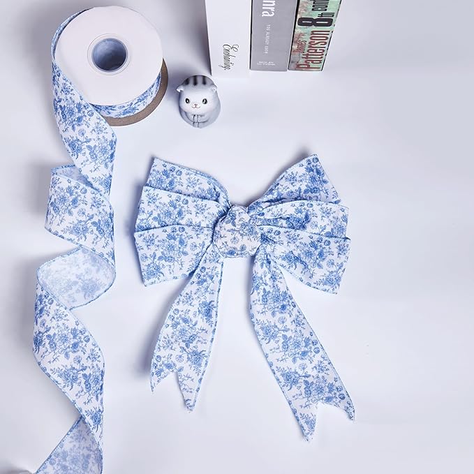 Blue Floral Wired Ribbon 2.5 Inch Vintage Flower Chinoiserie Printed Fabric Ribbon for DIY Crafts Wreath Bow Making, 15 Yards
