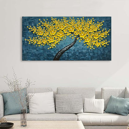100% Hand Painted 3D Yellow Flower Tree Oil Painting Blue Canvas Texture Mural Living Room Bedroom Dining Room Mural 24x48 inches