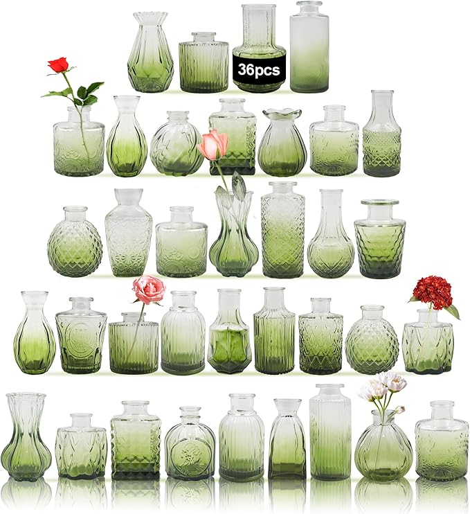 Glass Bud Vases Set of 36PCS, Small Flower Vases for Wedding Centerpiece Table Decoration, Vintage Vase in Bulk for Flower Arrangements, Mini Vase for Birthday Party, Festival Home Decor,Green