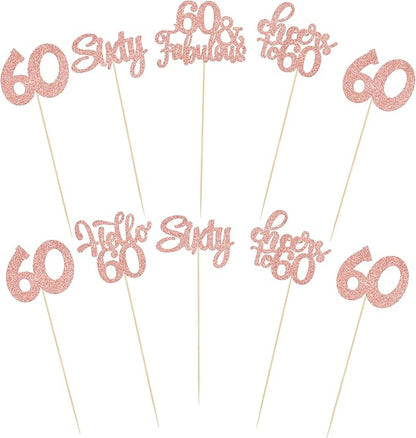 Gyufise 15Pcs 60th Birthday Centerpiece Sticks Sixty Happy 60th Table Flower Centerpieces Sticks Cheers to 60 Floral Decorations for 60th Birthday Party Centerpieces Supplies Rose Gold