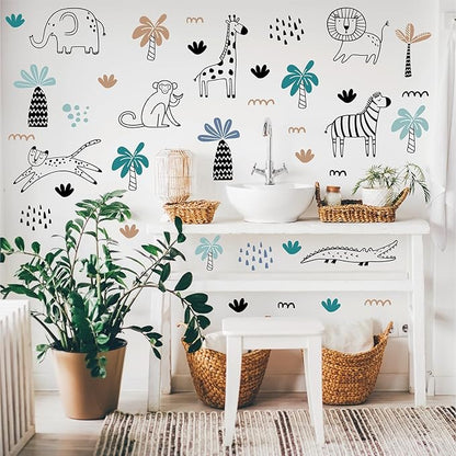 AOWDIAO Safari Wildlife Animal Wall Decals Line Art Peel & Stick Decor for Kids’ Room & Nursery