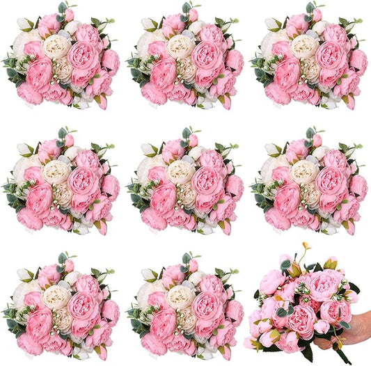 Hoteam 24 Bundles Artificial Peonies Flowers Wedding Faux Flowers Silk Peony Bouquet Bulk Bride Fake Florals Arrangements for Table Centerpieces Wedding Party Vase Decor (Light Pink, White)