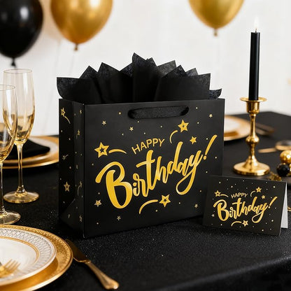 ASYEHJNR 13" Large Size Black Gold Birthday Gift Bag Twinkle Star with Metallic Gold Happy Birthday Sign Gift Bag with Greeting Card and Tissue Paper for Girls Boy Women Men Bday Supplies