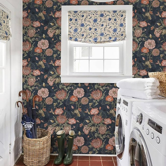 Floral Wallpaper Peel and Stick Floral Contact Paper Dark and Pink Vintage Wall Paper Removable Self Adhesive Vinyl Stick on Wallpaper for Bathroom Bedroom Decor 17.3in x 400in