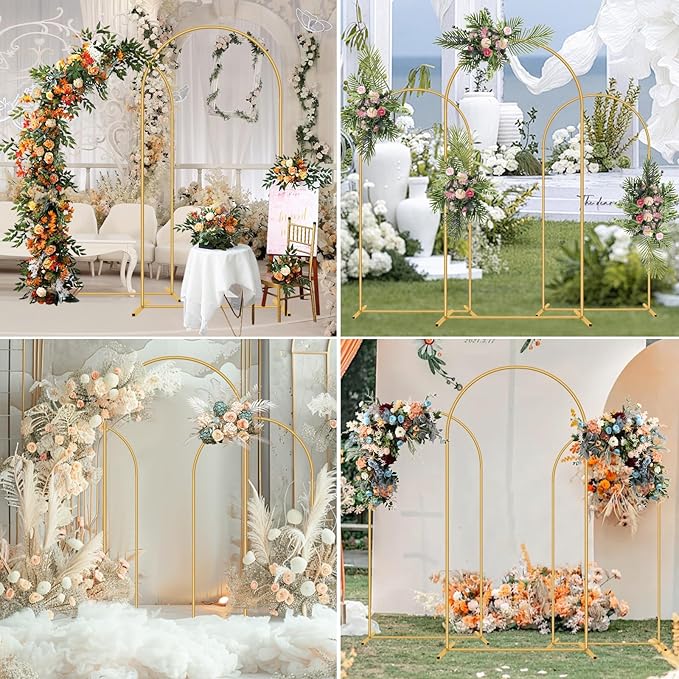 Metal Arch Backdrop Stand Set of 3(6 ft, 5 ft, 4 ft) Party Arch Stands for Wedding, Birthday, Baby Shower, Bridal Shower,Balloon Arched Frame for Garden Decor, Gold Floral Arches
