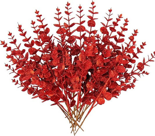 Hollyone 20 Pcs Glitter Artificial Eucalyptus Branches 13" Christmas Eucalyptus Pine Stems Picks Red Fake Eucalyptus Picks Stems for DIY Christmas Tree Garland Wreath Crafts Home Decoration