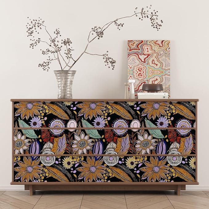 Dark Boho Wallpaper Peel and Stick,Vintage Black Yellow Purple Floral Contact Paper, Botanical Flowers Retro Wall Paper Self Adhesive Removable Waterproof for Walls Shelves Cabinet Table 17.5" x 118"