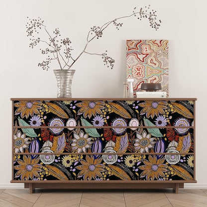 Dark Boho Wallpaper Peel and Stick,Vintage Black Yellow Purple Floral Contact Paper, Botanical Flowers Retro Wall Paper Self Adhesive Removable Waterproof for Walls Shelves Cabinet Table 17.5" x 118"