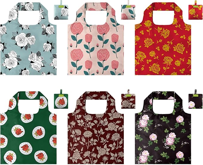 BeeGreen Rose Reusable Shopping Bags 6 Pack - Heavy Duty Washable and Foldable Polyester Shopping Bag for Women, Reusable Gift Grocery Totes Market Tote Bag with Handles for Travel Holiday