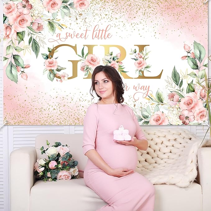 Avezano Girl Baby Shower Backdrop Pink Floral Sweet Baby Baby Shower Banner A Sweet Little Girl is on Her Way Party Decorations Banner 70.8 x 43.3 Inch