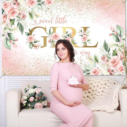 Avezano Girl Baby Shower Backdrop Pink Floral Sweet Baby Baby Shower Banner A Sweet Little Girl is on Her Way Party Decorations Banner 70.8 x 43.3 Inch