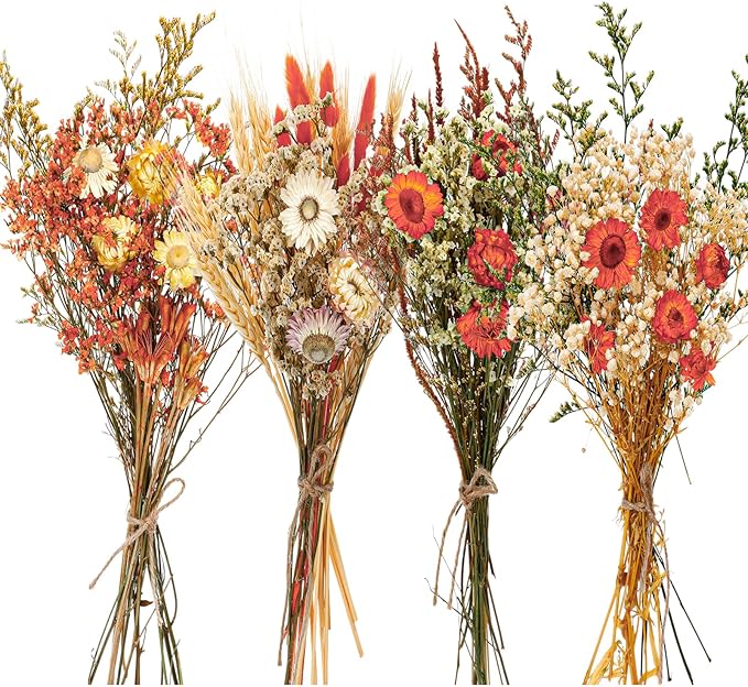 Layhit 4 Pack Large Size Boho Dried Flower Bouquet 15-17 Inch Wedding Handmade Dry Flowers for Vase Crafts DIY Photo Boutonniere for Men Floral Plant for Bridesmaid Gift Birthday Decor(Gerbera Daisy)