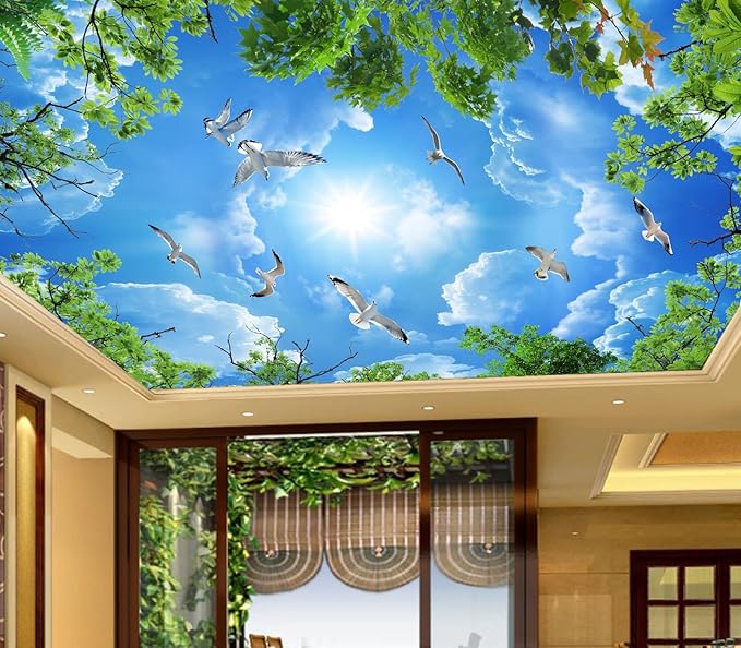 Eierme-Illustration of a Clear Blue Sky Image with Clouds and Flying Birds seen Through The Canopy of a Tree