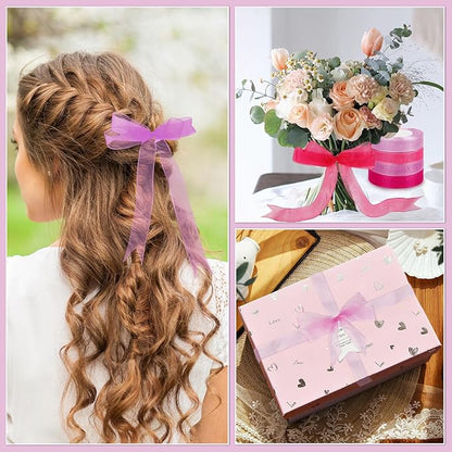 DECYOOL 4 Rolls 200 Yards Organza Ribbon for Gift Wrapping, 4/5 Inches Wide Pink Purple Sheer Chiffon Ribbon Fabric Ribbon for Wedding Birthday Bouquet Wrapping Bows DIY Crafts