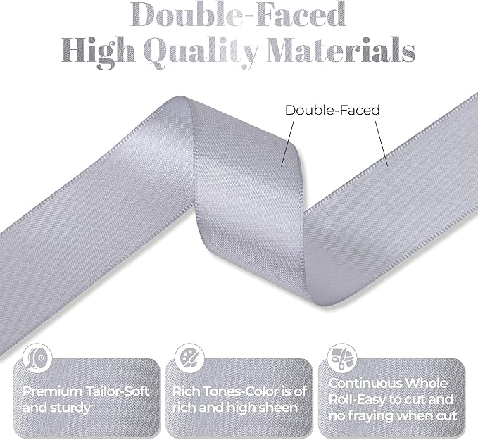 Gray Satin Ribbon, Double Faced 1 Inch X 50 Yards Gray Ribbon, Premium Satin Ribbon for Gift Wrapping, Crafts, Hair Bow Making, Sewing, Flower Bouquet, Wedding Party Decor