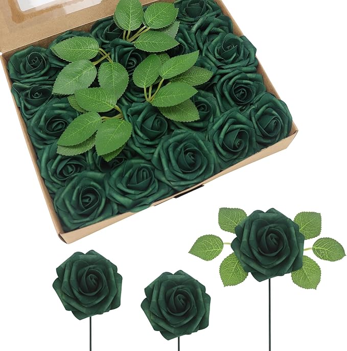 JOYLEX 100Pcs Peacock Green Artificial Flowers Realistic Roses, Real Looking Fake Roses with Stem for DIY Wedding Bouquets Centerpieces Party Home Romantic Decorations (Peacock Green, 100pcs)
