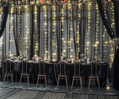 20ft x 10ft Black Tulle Photo Backdrop Curtain with Lights String for Parties Sheer Black Curtain Backdrop for Birthday Party Baby Shower Wedding Photo Booth Photography Background Decorations
