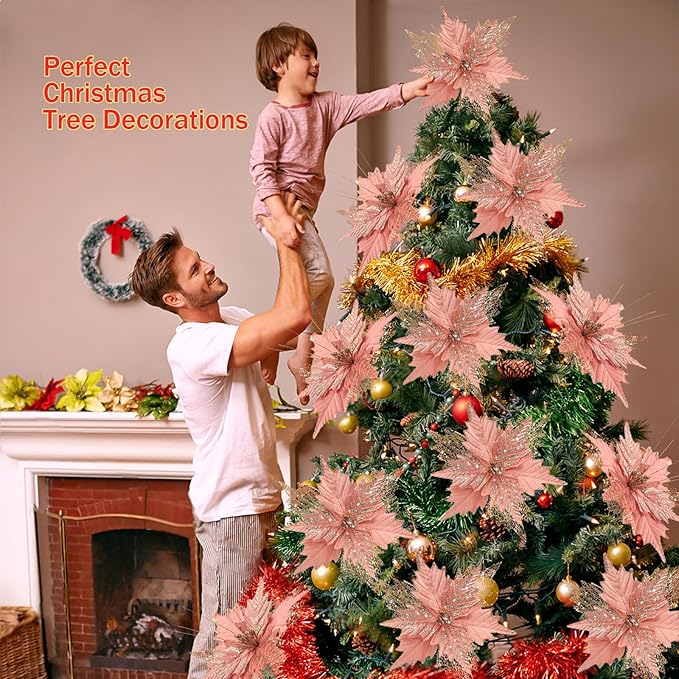 10'' Large Christmas Glitter Poinsettia Flowers Decorations, stadeco 10 Pcs Christmas Tree Picks Ornaments Artificial Flowers with Long Stems for Xmas Tree Wreath Garland Wedding Party DIY Decor