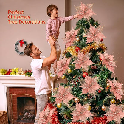 10'' Large Christmas Glitter Poinsettia Flowers Decorations, stadeco 10 Pcs Christmas Tree Picks Ornaments Artificial Flowers with Long Stems for Xmas Tree Wreath Garland Wedding Party DIY Decor