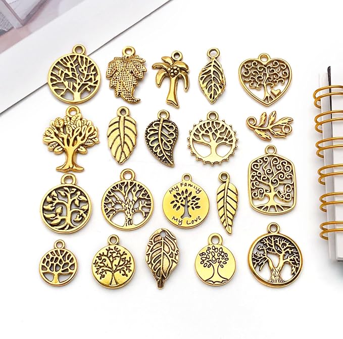 WOCRAFT 60pcs Antique Gold Tree Leaf Charms Bracelet Charms for Jewelry Making Sets DIY Necklace Bracelet Keychain Crafting Charms Kit Craft Supplies (SN888)