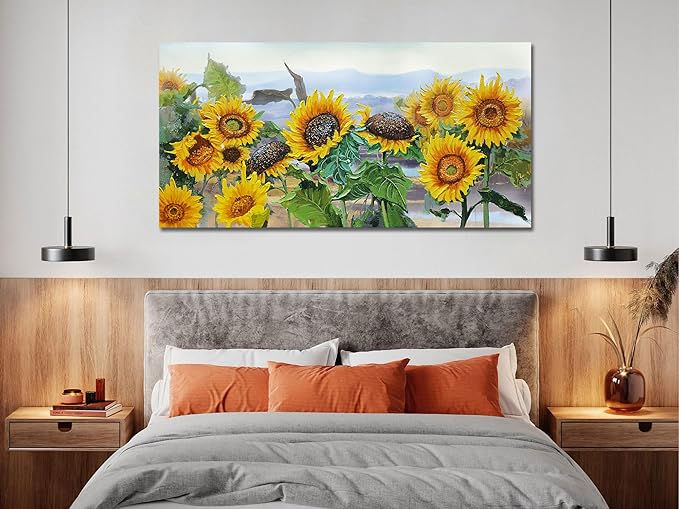 Ardemy Sunflower Wall Art Canvas Flower Yellow Picture Floral Landscape Painting for Living Room, Nature Large Framed Artwork Bedroom Dining Room Home Office Wall Decor 48"x24"