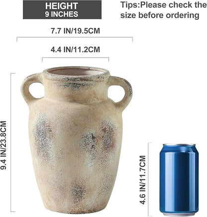 Farmhouse Ceramic Vase with Handle,9.7 inch Handcrafted Vintage Terracotta Pottery Vases for Shelf Decor, Coffee Table Styling, or Bedroom Accent
