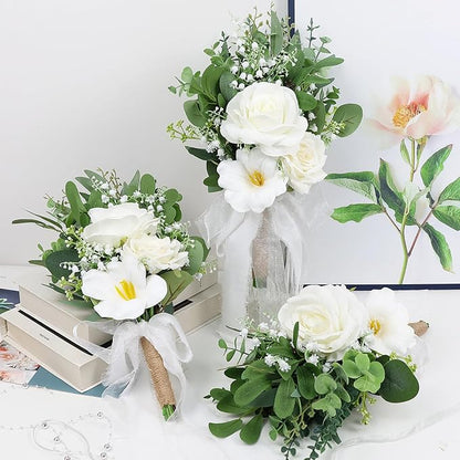 Set of 2 Bridesmaid Bouquets for Wedding - 7 Inch Artificial Flowers Bouquets for Ceremony Anniversary Centerpieces Decorations - White
