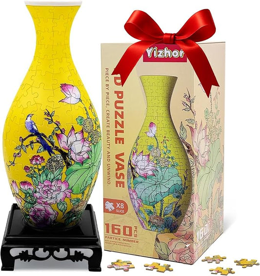 3D Puzzle Vase for Adults, 160 Curved Pieces Vase Puzzle Craft, DIY Bamboo Pattern Flower Vase with Water Cup, Creative 3D Jigsaw Puzzle Home Decoration (Yellow Lotus)