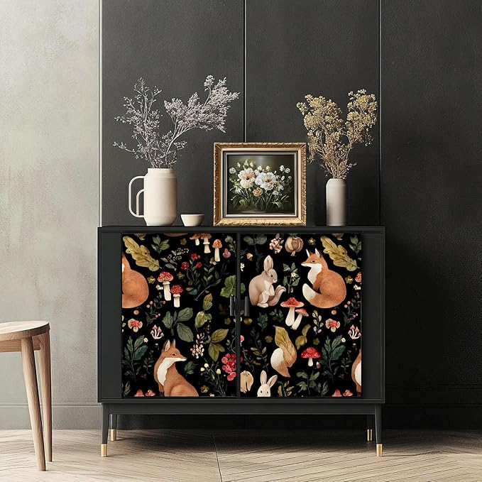 Vintage Fox Rabbit Mushroom Peel and Stick Wallpaper Removable Whimsical Botanical Leaf 17.7" x 118.11" Wall Paper Watercolor Self Adhesive Contact Paper for Classroom Bedroom laundry room bathroom