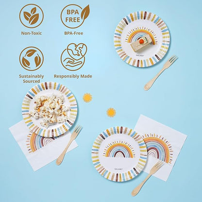 Sun Birthday Decorations – Sunshine Birthday Decorations Include Sun Rainbow Balloon Arch Kit, Pump, Cake Topper, Paper Plates, Napkins, Bamboo Forks, and Banner – Boho Party Decor, Serves 20 People