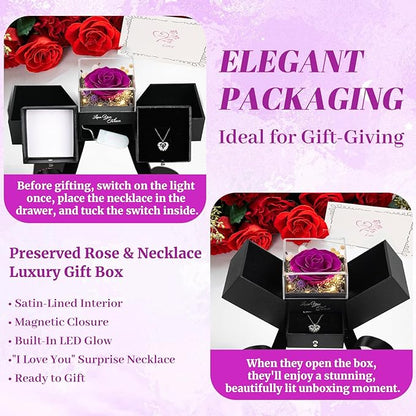 FIACO Gifts for Women Preserved Real Roses with I Love You Necklace Fresh Forever Flowers Birthday Gifts for Mom Grandma Wife Girlfriend on Anniversary Christmas Valentines Romantic Gift